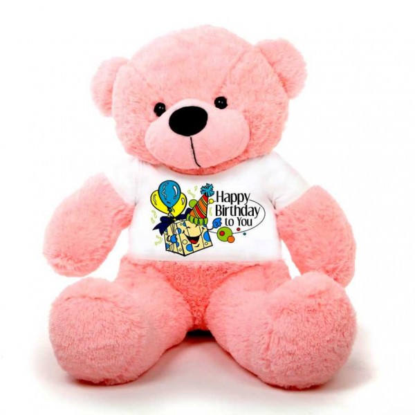 Pink 5 feet Big Teddy Bear wearing a Happy Birthday To You T-shirt